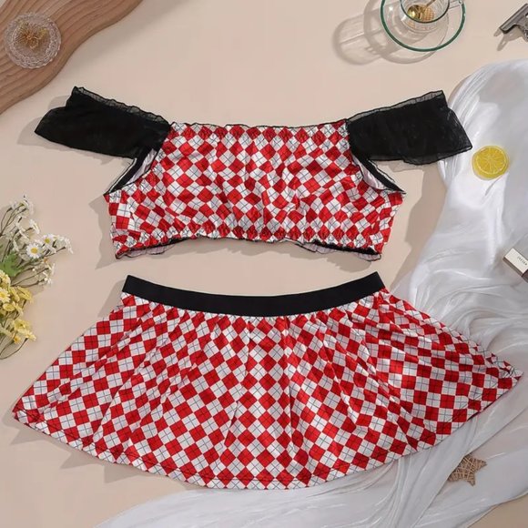 Plus red white black checked shorty tie top matching mini skirt NWT - Picture 10 of 12